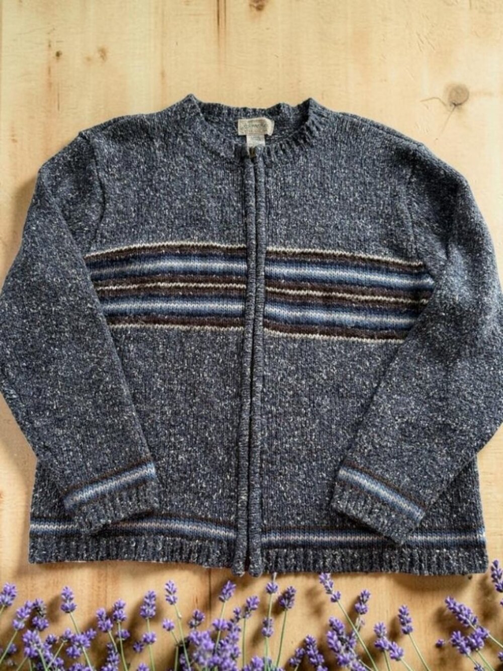 Vintage St Johns Bay Womens L Full Zip Sweater Blue Stripe 90s Y2K